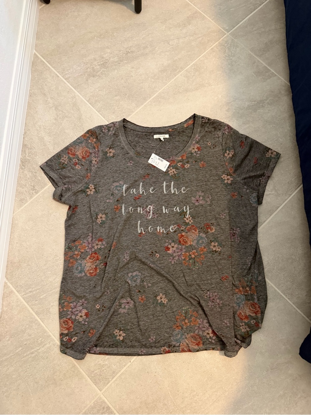 Gray Floral Graphic Tee - "Take the Long Way Home"